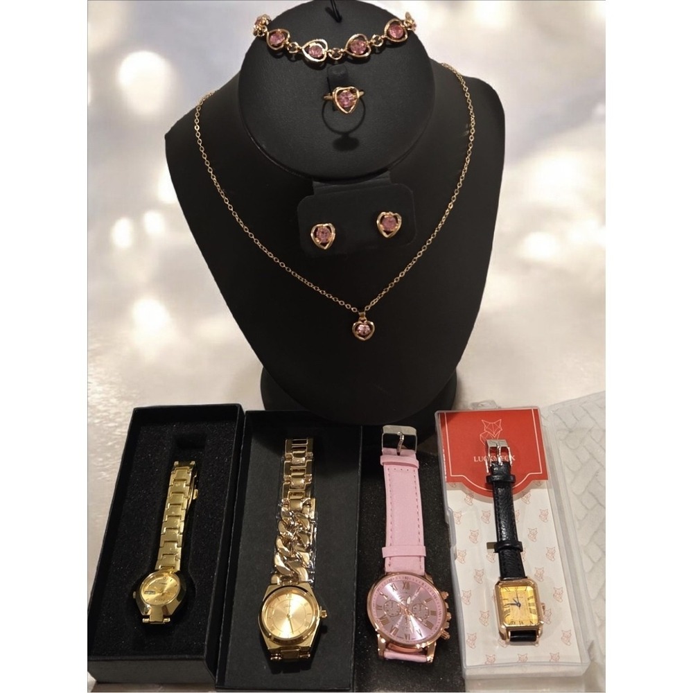 4 Womens‎ Watches And Pink Bracelet, Ring, Earring, Necklace Fashion Jewelry Set